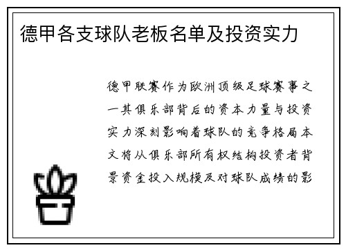 德甲各支球队老板名单及投资实力